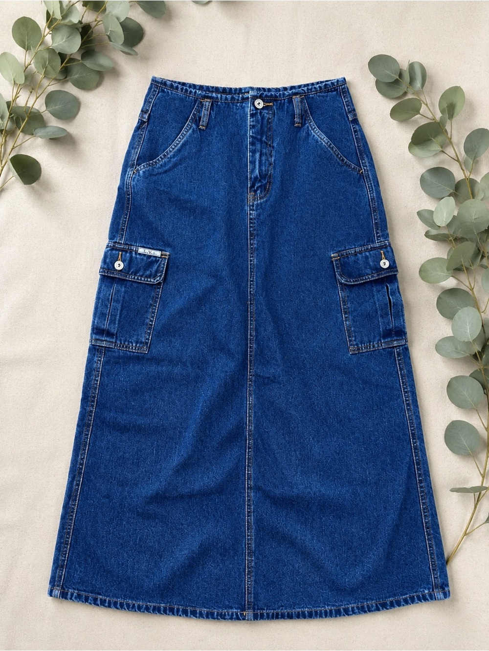 Vintage Y2K Denim Cargo Maxi Skirt Blue Utility Pocket Jean Skirt